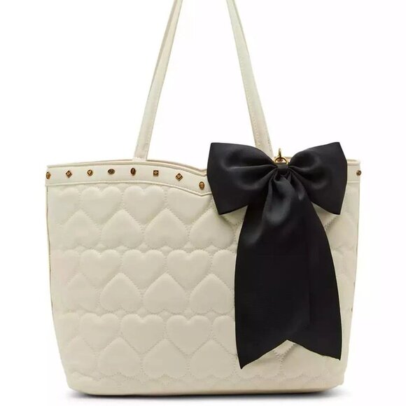 Betsey Johnson Icon Tote Cream Puffed Hearts Large Black Grosgrain Bow NWT - Picture 1 of 7